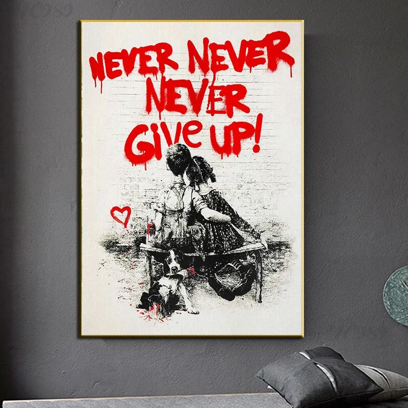 Home Office Room Inspiration - Banksy Graffiti Wall Art, geef nooit